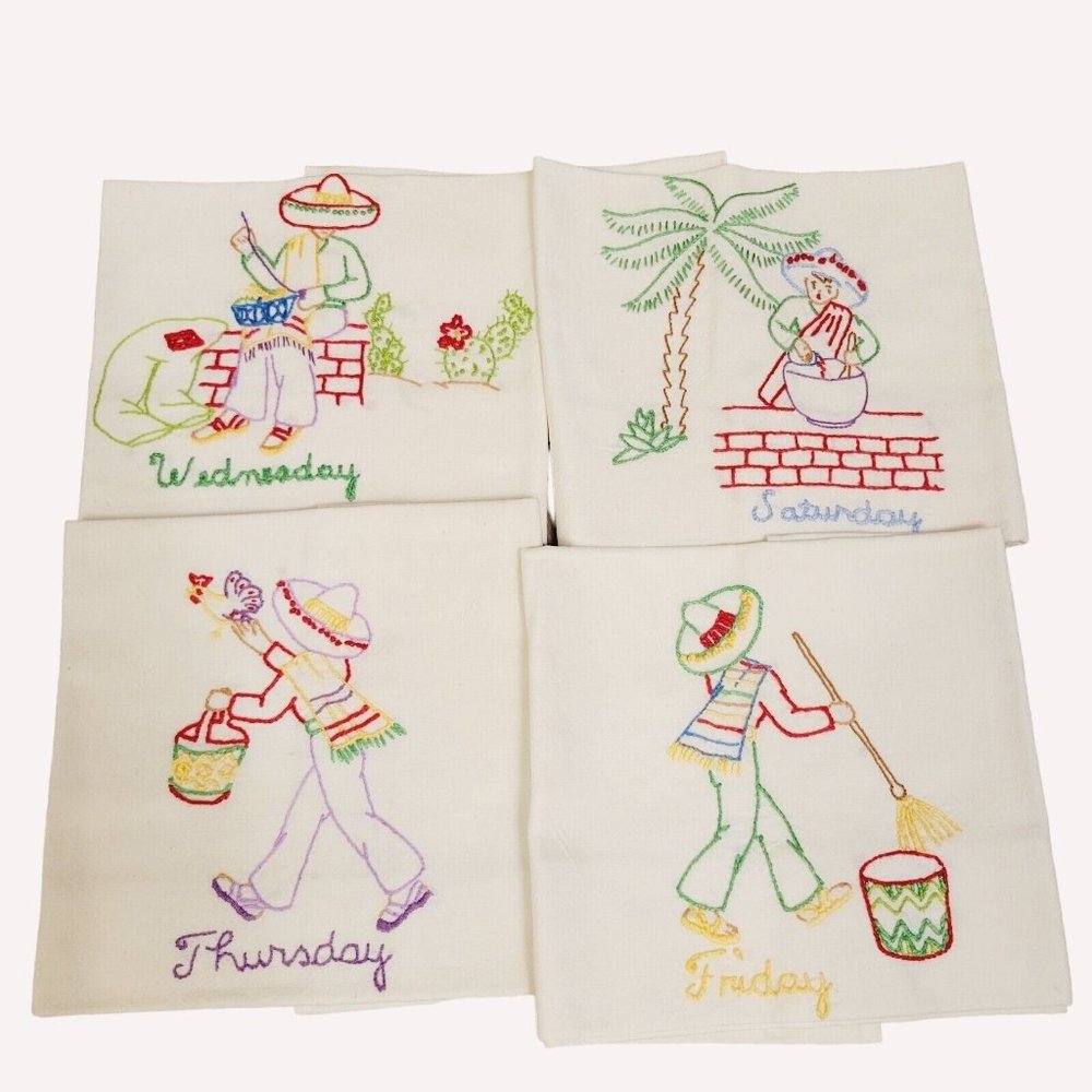4 Vintage Hand Embroidered Latin Hispanic Pueblo Theme Napkin Linens Weekdays